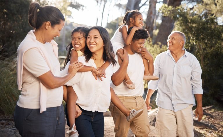 Big family walking in park, summer and freedom together in outdoor fresh air . Happy family, parent.