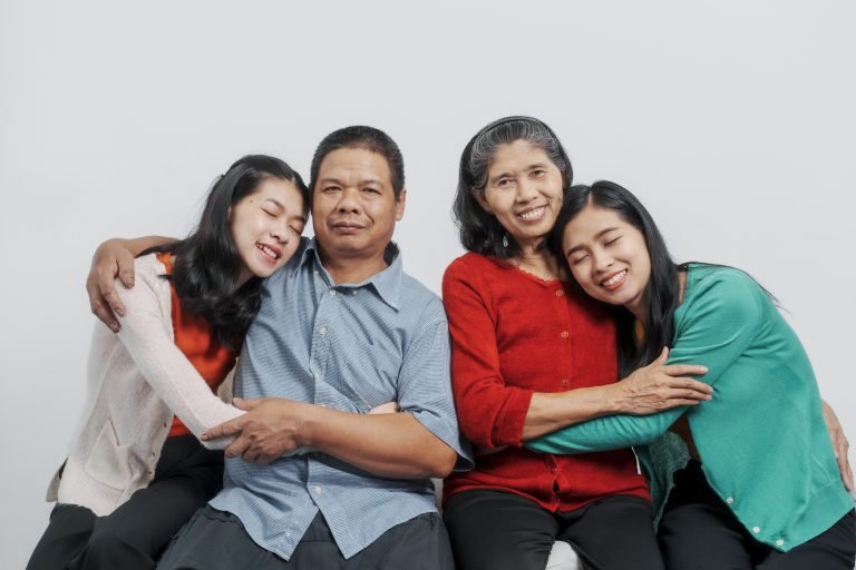 Hugging, Happy anniversary day family of Elderly father and moth