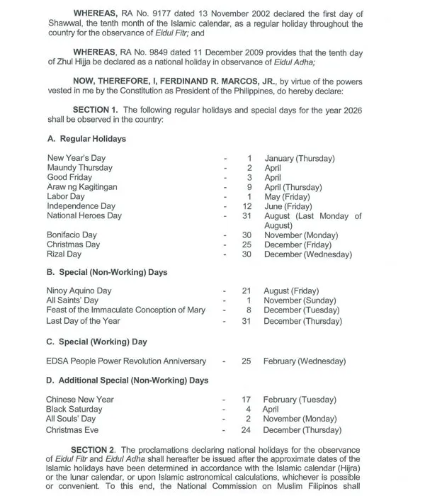 Official proclamation of February 25, 205 Edsa People Power as special working holiday in the Philippines